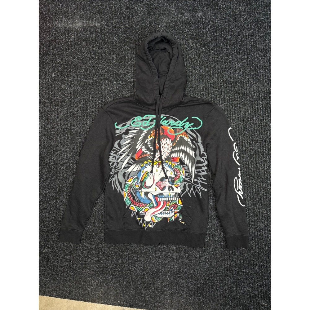 Ed Hardy Mens Black Skull Eagle Snake Graphic Hoodie Sweatshirt Size Small Y2K